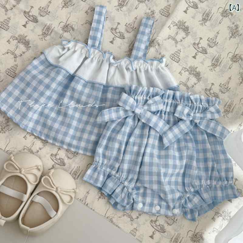 ベビー服 女の子 春夏 格子柄 セットアップ ノースリーブ トップス ブルマパンツ 上下セット 綿 かわい..