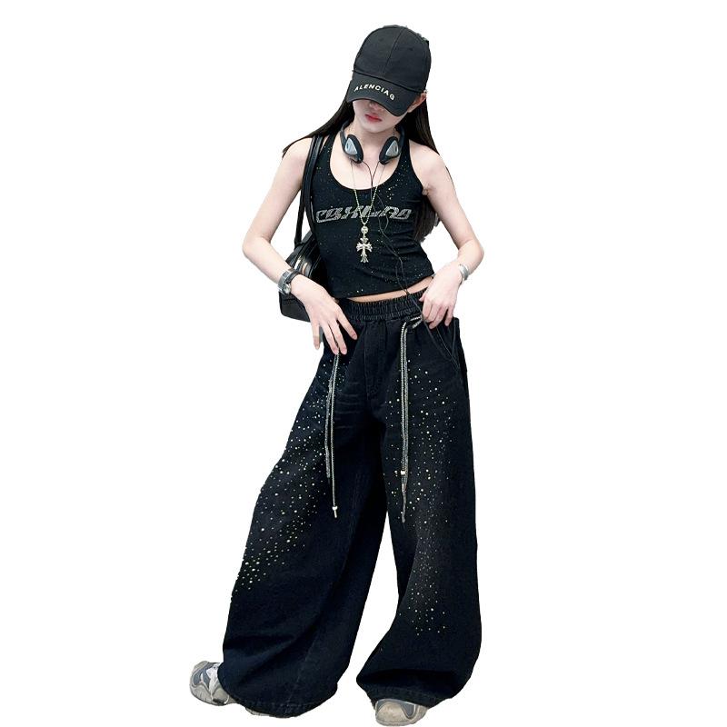 子供服 セットアップ 女の子 キャミソール デニムパンツ ダンス衣装 ヒップホップ ジャズ ストリート ..