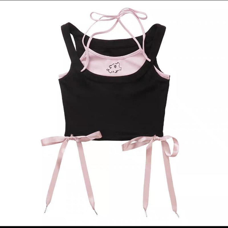 タンクトップ キッズ 女の子 かわいい プリント ショート丈 へそ出し トップス ノースリーブ コットン ..