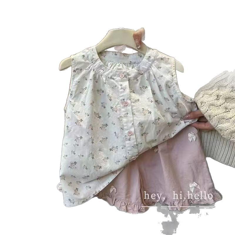 子供服 女の子用 トップス セットアップ 春夏 ノースリーブ 小花柄 チュニック ショーパン 上下セット ..