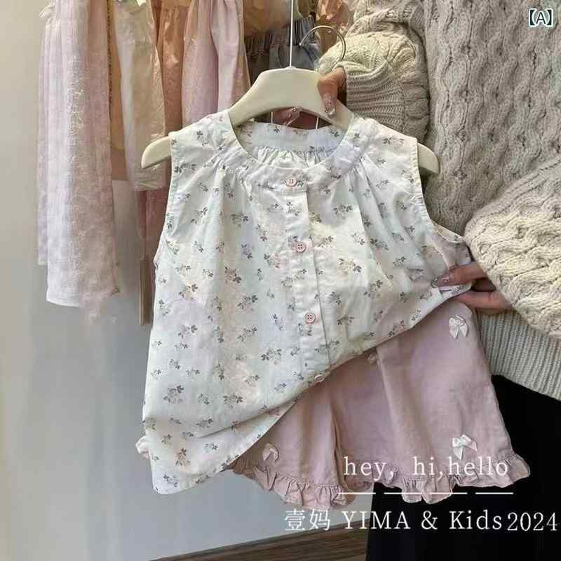 シャドーテールの子供服 女の子用 トップス セットアップ 春夏 ノースリーブ 小花柄 チュニック ショーパン 上下セット かわいい 普段着 おしゃれ 薄手 通気性 快適 コットン｜アングル2