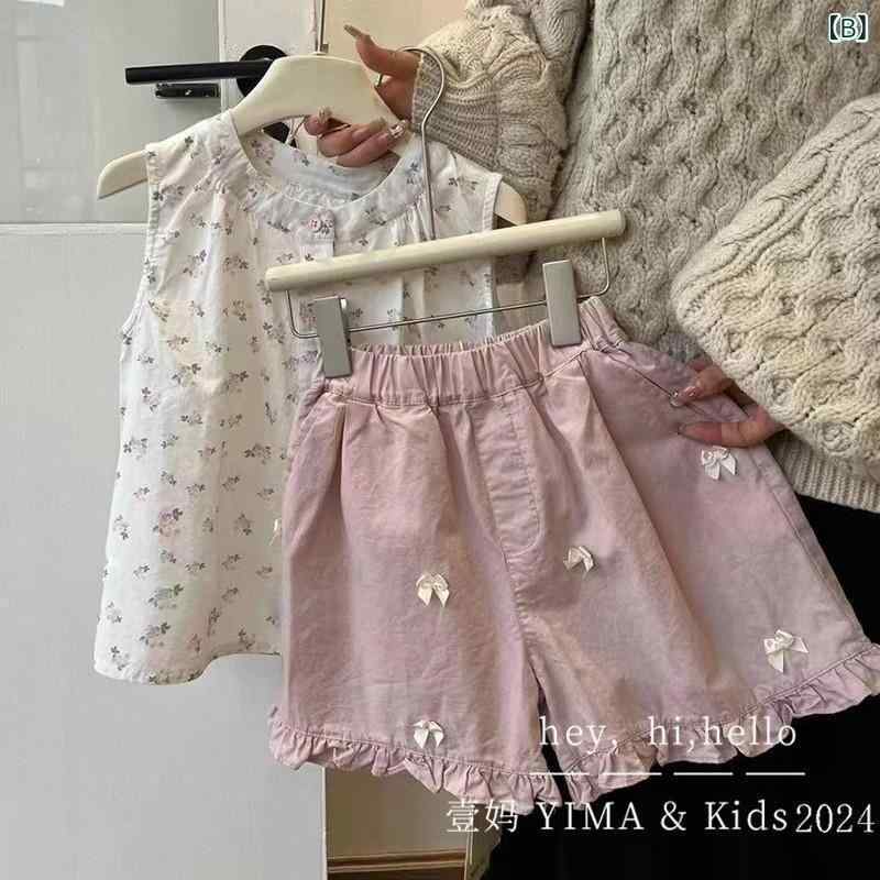 シャドーテールの子供服 女の子用 トップス セットアップ 春夏 ノースリーブ 小花柄 チュニック ショーパン 上下セット かわいい 普段着 おしゃれ 薄手 通気性 快適 コットン｜アングル3
