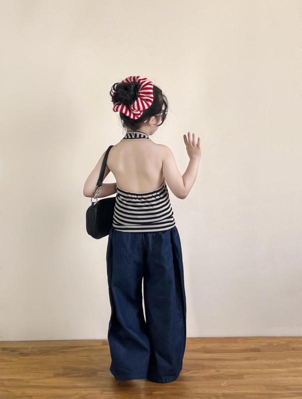 キッズ 女の子 セットアップ ストライプ柄 ノースリーブ トップス デニム ワイドパンツ 韓国子供服 春..