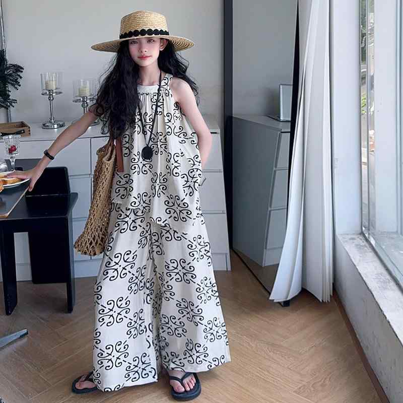 キッズ ガールズ ボヘミアン柄 ノースリーブ トップス ワイドレッグパンツ 上下2点セット リゾートスタ..