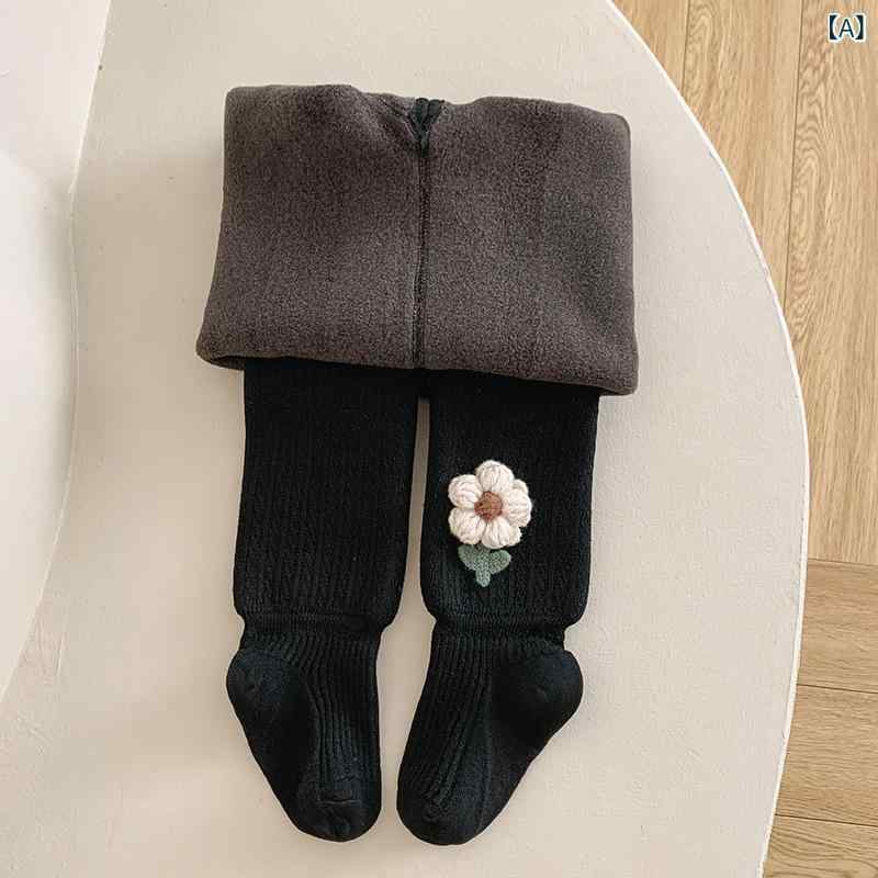 子供用 タイツ 女の 厚手 裏起毛 あったか ニット レギンス 無地 小花 刺繍 秋冬 ...
