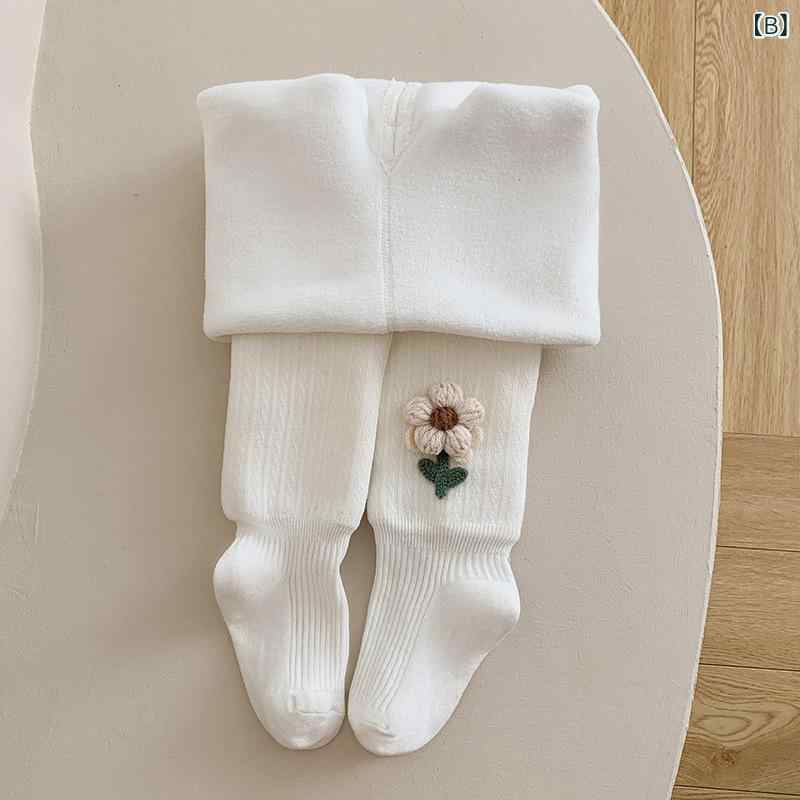 子供用 タイツ 女の 厚手 裏起毛 あったか ニット レギンス 無地 小花 刺繍 秋冬 ...