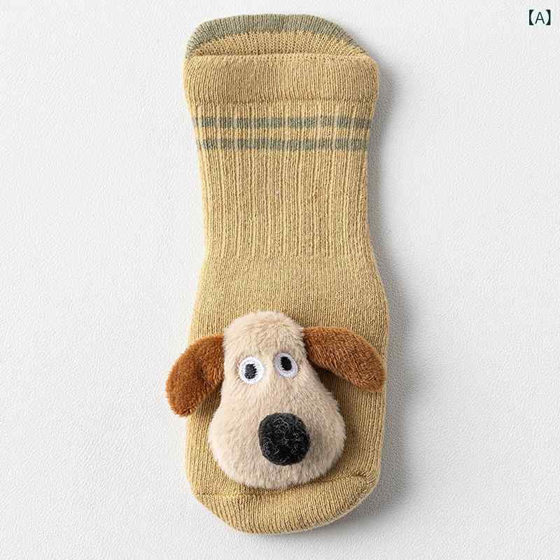 靴下 ベビー キッズ 厚手 裏起毛 パイル地 あったか 保温 滑り止め付き フロアソックス 0歳 1歳 2歳 3歳 春秋冬 かわいい アニマル柄 イエロー ブラウン ベージュ