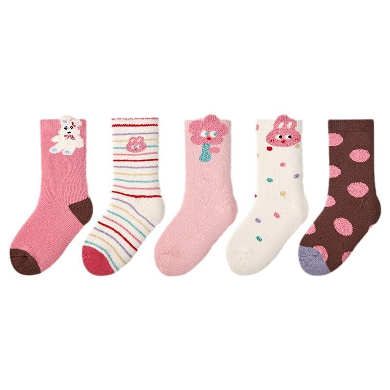 靴下 キッズ 子供 女の子 厚手 秋冬 ピンク 水玉 ウサギ 毛混 綿混 リブ 編み ショートソックス かわいい 通園 通学