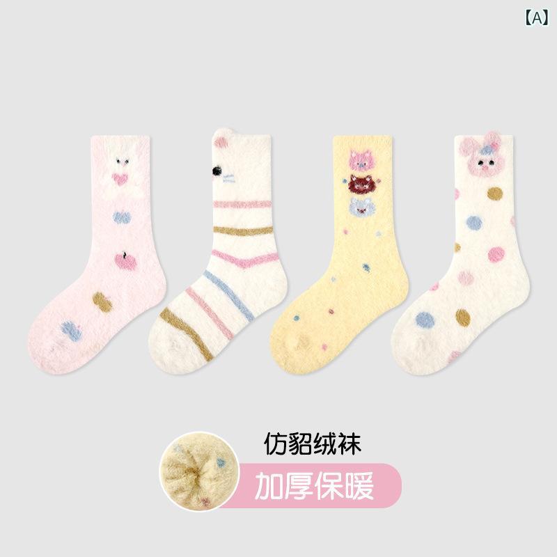 靴下 キッズ 子供用 厚手 ソックス 秋冬 カートゥーン 中筒丈 通気 吸汗 保温 女の子 男の子 3歳 4歳 5歳 6歳 7歳 8歳 9歳 10歳 11歳 12歳 かわいい(x4)