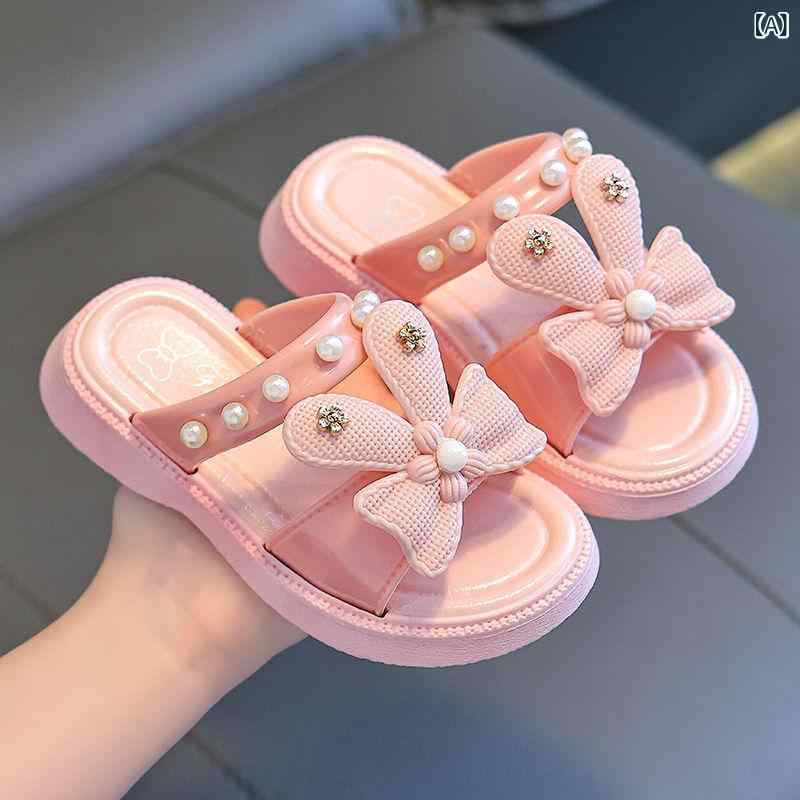 サンダル キッズ 女の子 プリンセス かわいい 室内履き バススリッパ 合成皮革 ゴム底 4歳 5歳 6歳 ピンク系 ブラック ホワイト 夏
