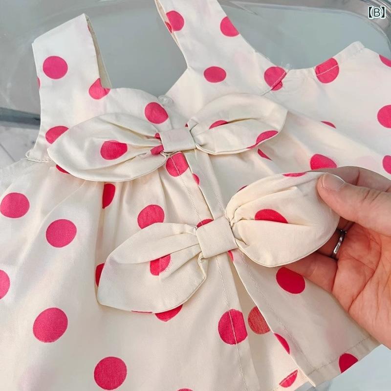シャドーテールのキッズ ベビー服 女の子 夏物 上下セット コットン ノースリーブ トップス パンツ 2点セット ドット柄 かわいい 赤ちゃん 幼児 薄手 通気性 快適｜アングル2
