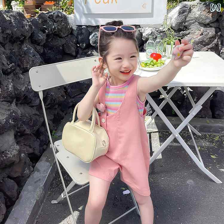 キッズ 女の子 夏物 セットアップ 子供服 ストライプ サロペット ショートパンツ 2点セット かわいい 薄手 ピンク系 ガールズ 洋服 普段着 2