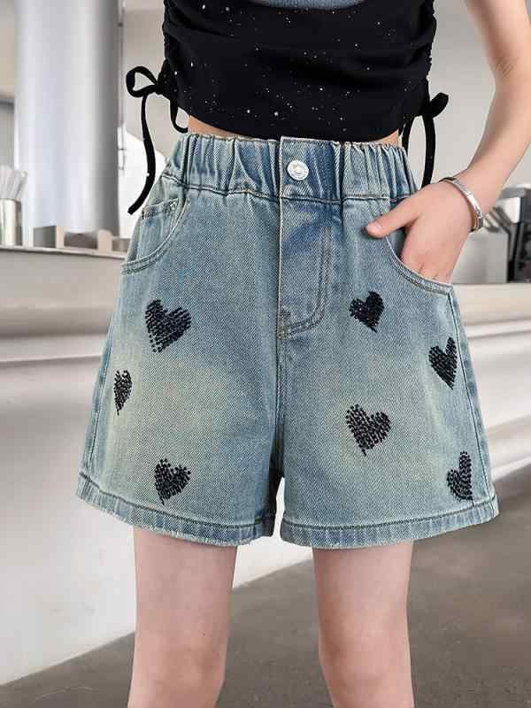キッズ デニム ショートパンツ 春夏 女の子 子供 高学年 ハート 刺繍 薄手 短パン ガールズ 高学年 普段着 部屋着 かわいい 伸縮性 通学 120cm 130cm 140cm 150cm 160cm 170cm 175cm