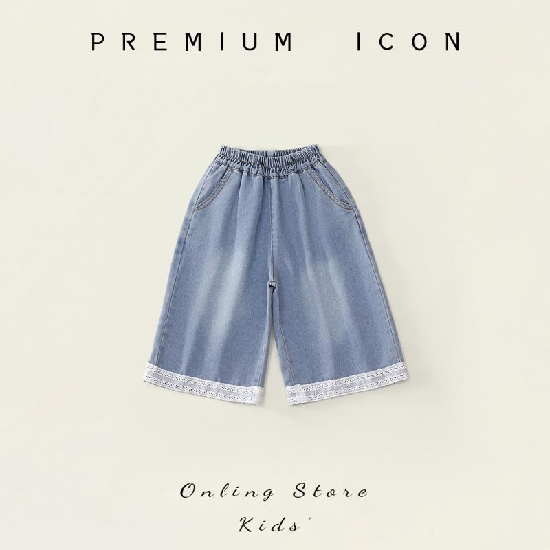 子供服 デニムパンツ 女の子 レース 花柄 裾フリル ゆったり 9分丈 ワイドパンツ ガールズ 幼児 小学生 薄手 夏服 かわいい