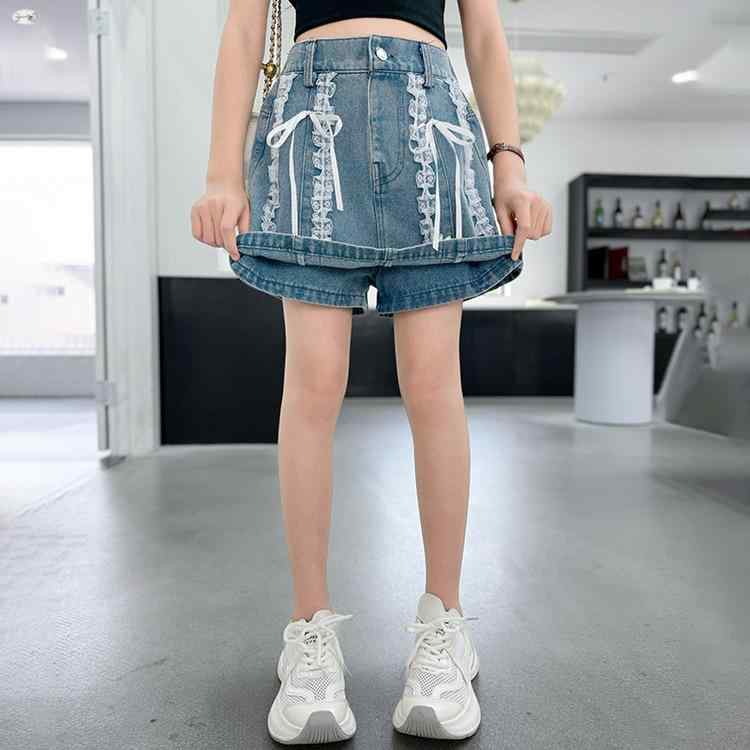 子供服 デニムスカート付きパンツ 女の子 夏物 高学年 ショートパンツ レース かわいい ガールズ キュロットパンツ 短パン 高学年 中学生