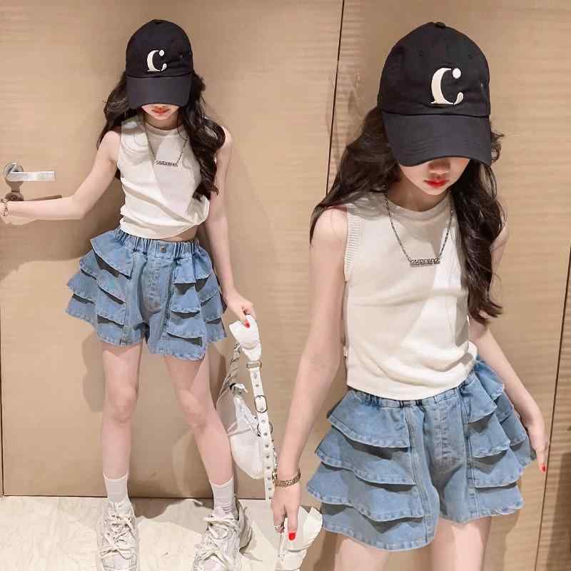 乐天商城 - タンクトップ デニムショートパンツ セットアップ ガールズ 女の子 キッズ 子供服 百褶スカート風 キュロット 2点セット かわいい おしゃれ 夏