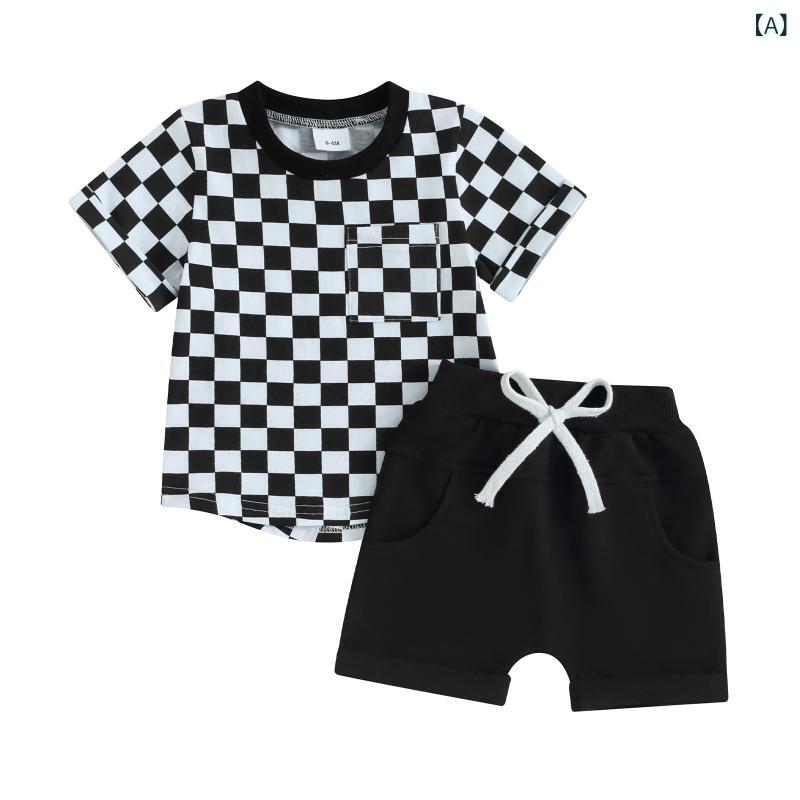 キッズ ベビー服 格子柄 半袖Tシャツ ショートパンツ セットアップ 幼児 男の子 ボ...