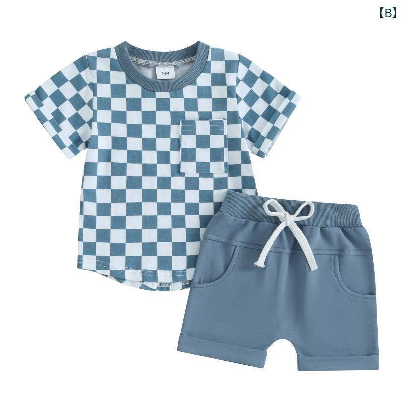 キッズ ベビー服 格子柄 半袖Tシャツ ショートパンツ セットアップ 幼児 男の子 ボ...
