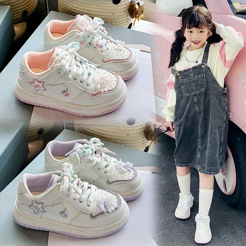Sneakers - スニーカー キッズ 女の子 厚底 子供靴 通学 履きやすい マジックテープ 合成皮革 運動靴 スポーツシューズ ピンク系 紫
