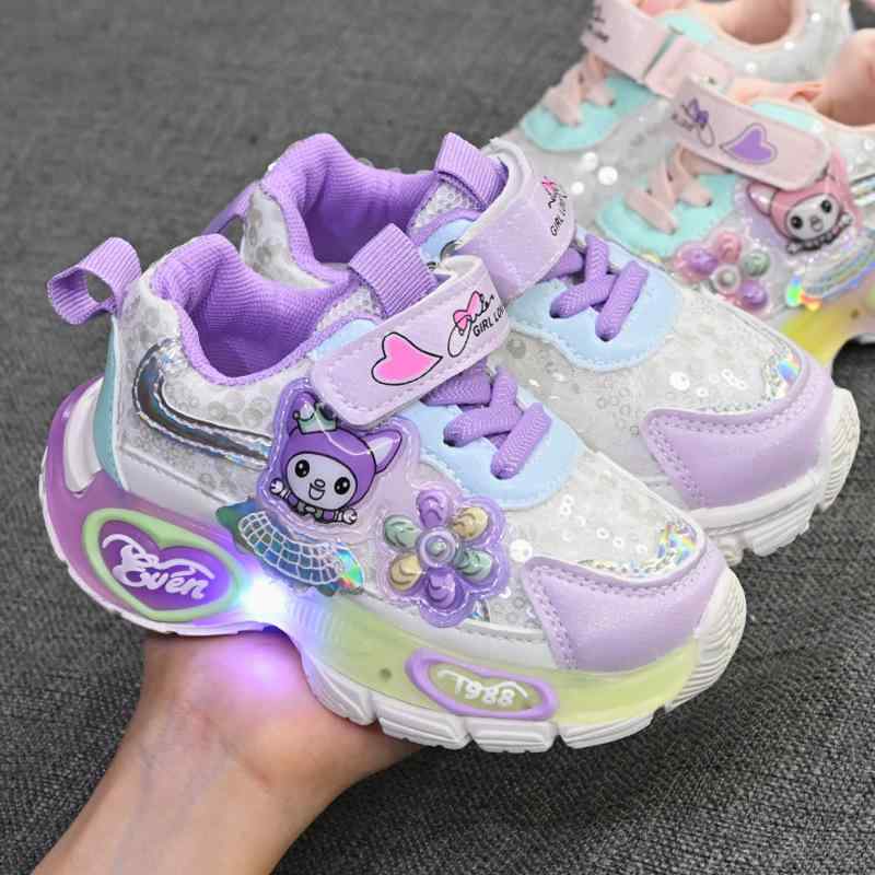 Sneakers - キッズ スニーカー 女の子 防水 スポーツシューズ 光る 通学 幼稚園 保育園 運動会 遠足 かわいい 靴 春秋 パープル ピンク系