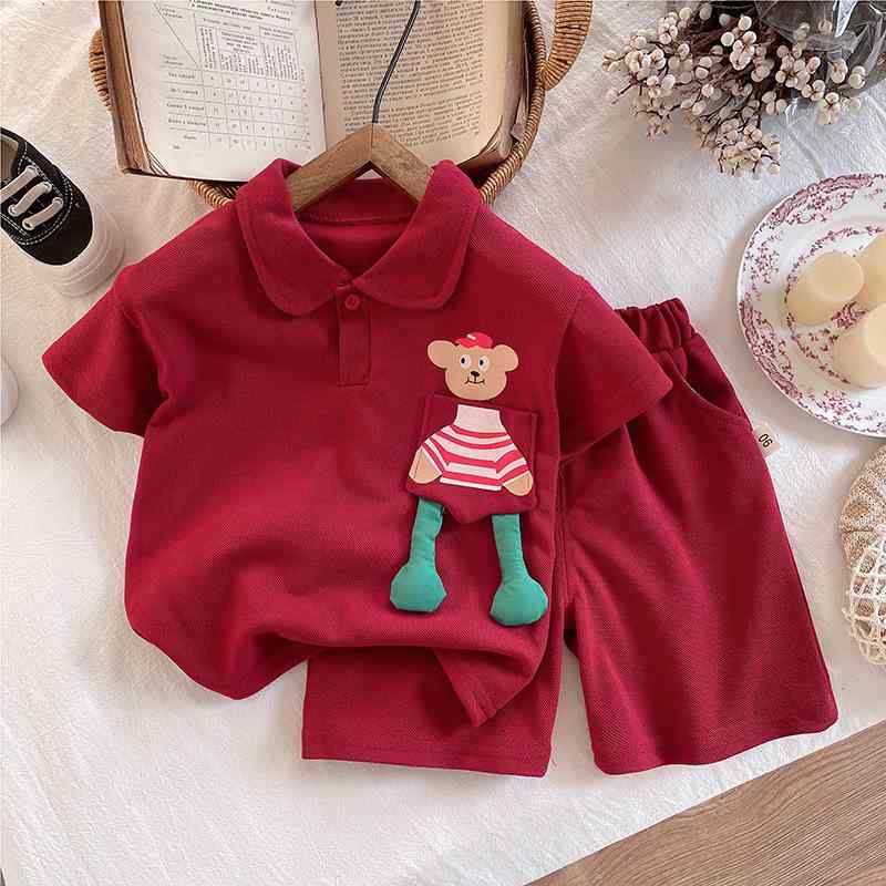 キッズ 男の子 ポロシャツ 半袖 短パン 上下セット 薄手 綿 動物柄 クマ柄 カジュアル 普段着 部屋着 レッド 80 90 100 110 120