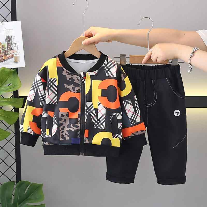 子供用セットアップ Tシャツと長ズボン 上下セット スポーツウェア 春秋 綿95% 長袖 丸首 アニマル柄 ストライプ柄 チェック柄 無地 カトゥーン ブラック 80 90 100 110 120