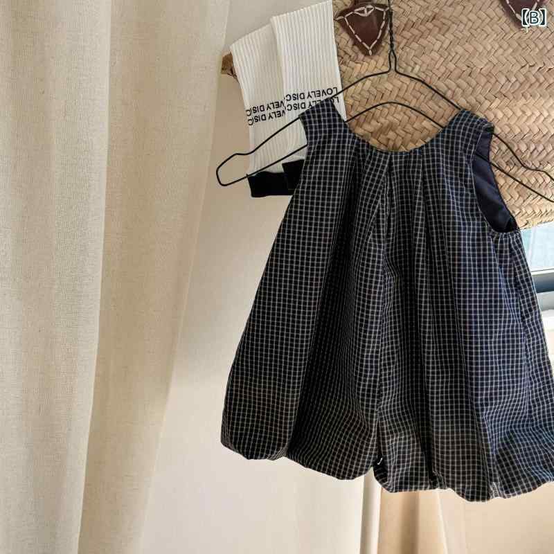 シャドーテールの子供服 女の子用 ショートパンツ サロペット 春夏 韓国風 チェック柄 コットン 90% 吊りズボン ハーレムパンツ かわいい おしゃれ 普段着 部屋着 お出かけ 80cm 90cm 100cm 110cm 120cm 130cm｜アングル3
