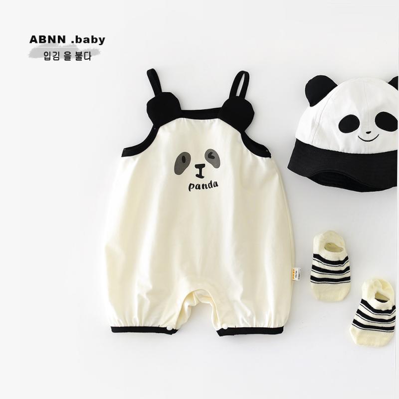 キッズ ベビー サロペット ズボン 夏物 赤ちゃん 子供服 パンツ コットン混紡 かわいい パンダ柄 ミディアム丈 ベージュ 66cm 73cm 80cm 90cm