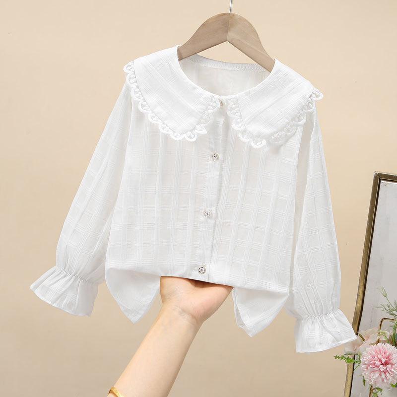 シャツ キッズ 長袖 襟付き 春秋 かわいい 中大童 レース フリル コットン トップス ブラウス 女の子 ガールズ 110 120 130 140 150 160 170cm