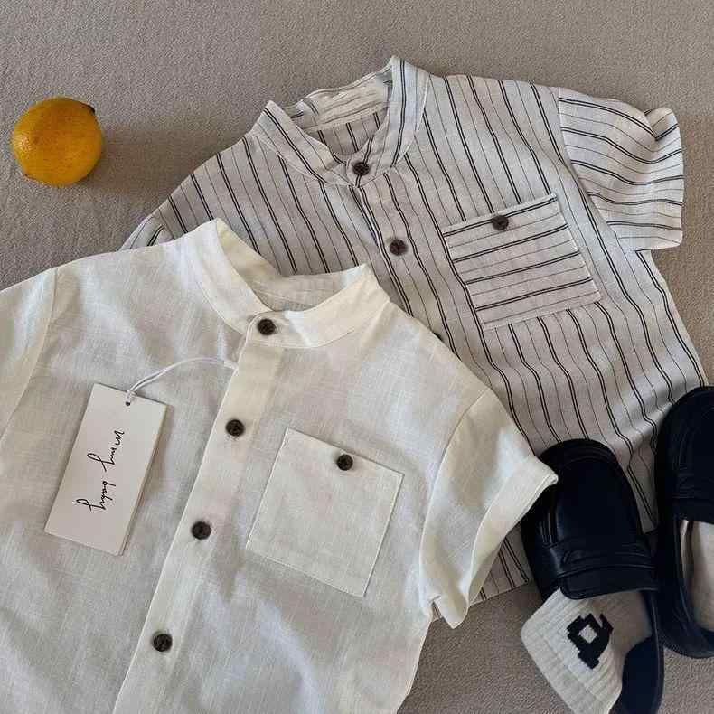 T-Shirts （Long-Sleeved） - シャツ キッズ 男女兼用 子供服 ストライプ柄 半袖 コットン トップス ラウンドネック かわいい おしゃれ 夏 ホワイト