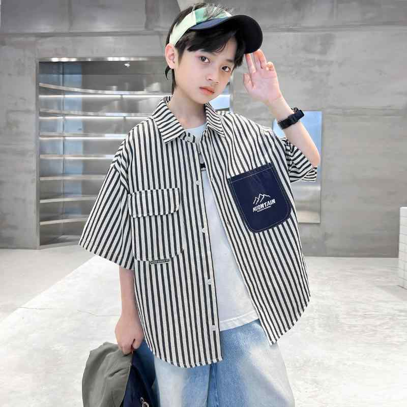 子供服 男の子 半袖シャツ ストライプ柄 140cm以上 コットン 100% 藏青色 カジュアル