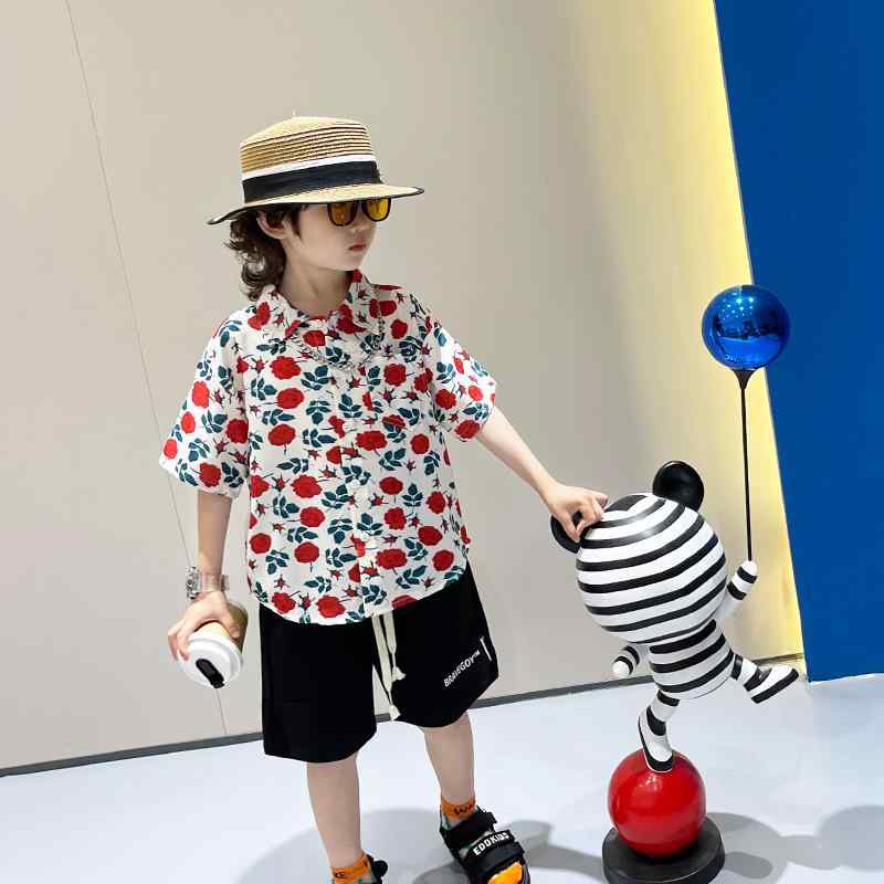 キッズ 男の子用 シャツ セットアップ 半袖 薄手 接触冷感 花柄