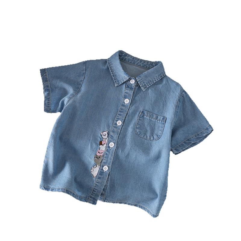 Girls' Short-Sleeved Denim Shirt, Spring/Summer, Lightweight, Breathable, for Ages 3, 4, 5, 6, 7, 8, Cute Printed V-Neck Korean Style