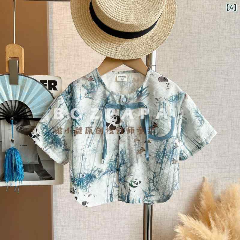 シャツ 子供服 男の子 半袖 新しい中国スタイル ブルー 竹 パンダ柄 トップス 涼しい 快適 おしゃれ か..
