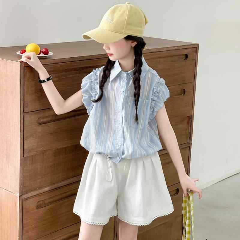 シャツ 子供服 女の子 ストライプ トップス ショートパンツ 2点セット 薄手 通気性 普段使い