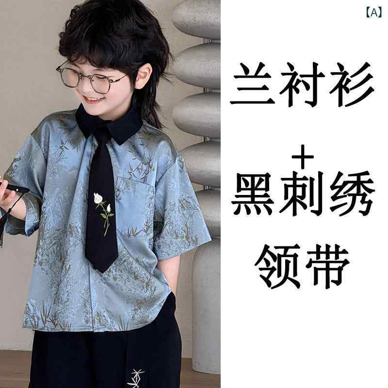 T-Shirts （Short Sleeve） - 子供用セットアップ 半袖シャツ ショートパンツ ストライプ柄 夏服 男の子 幼児 小学生 2点セット 柔らかい ポリエステル ゆったり 普段着 部屋着 かわいい