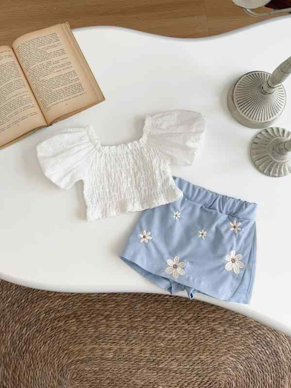 ベビー服 女の子 上下セット 夏物 半袖 トップス ブルマパンツ 花柄 刺繍 接触冷感 かわいい おしゃれ 普段使い