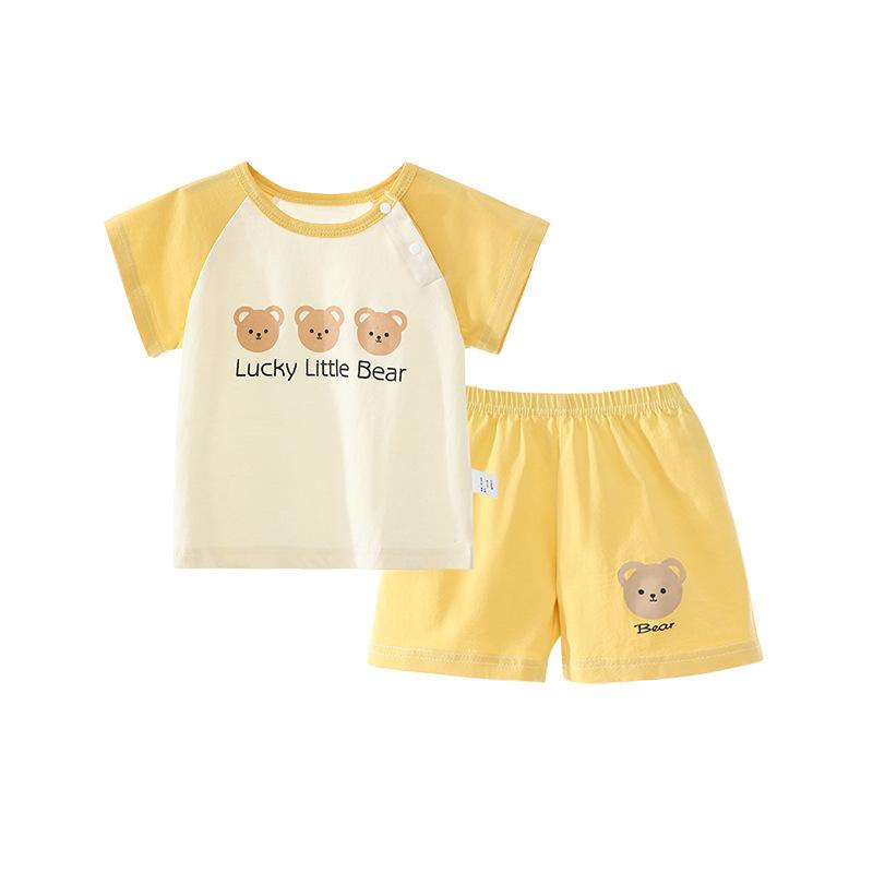 キッズ ベビー服 上下セット 薄手 半袖 Tシャツ ショートパンツ 綿100% 夏服 男の子 女の子 パジャマ 部屋着 普段使い ブルー グレー イエロー ピンク系 グリーン