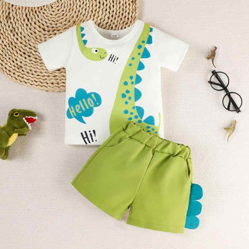 ベビー服 男の子 Tシャツ ショートパンツ 上下セット 恐竜 アルファベット柄 プリント 薄手 夏物 幼児 子供服 かわいい 普段着