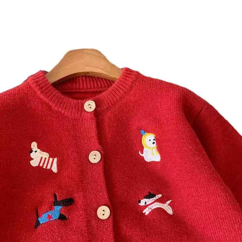 子供服 セーター 秋冬 男女児 向け ニット カーディガン 犬 刺繍 赤色 厚手 綿100% 丸首 長袖 普段着 通園 通学 90cm 100cm 110cm 120cm 130cm 140cm