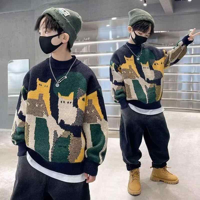 ニット キッズ 男の子 秋冬 厚手 子供服 セーター 丸首 長袖 コットン 暖かい 防寒 普段着 グレー イエロー