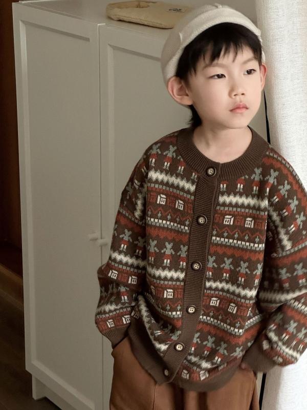 Rakuten - ニット 子供服 男の子 秋冬 ニットカーディガン 幾何学模様 アクリル混紡 トップス 長袖 丸首 春秋 冬 防寒 普段着