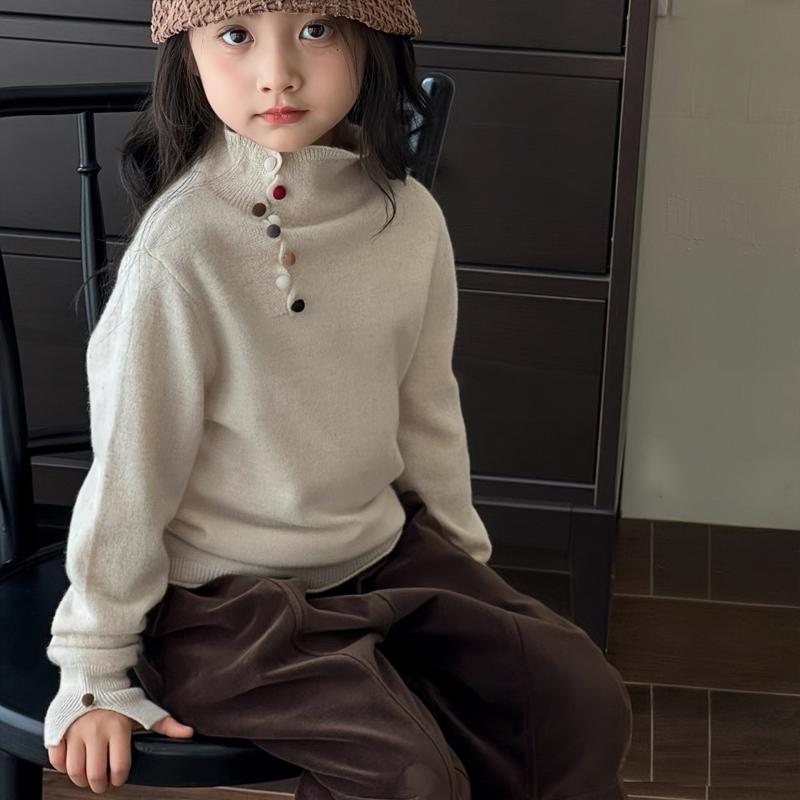 乐天商城 - ニット キッズ 女の子 春秋 薄手 ハイネック セーター 韓国子供服 かわいい おしゃれ カラフル ボタン トップス 長袖 普段着 部屋着 ガールズ