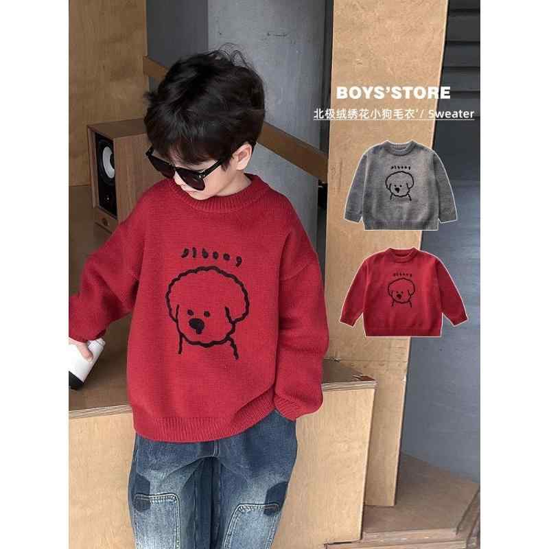 ニット・セーター キッズ 子供服 秋冬 春秋 男の子 女の子 かわいい犬柄 厚手 あったか ニットトップス 長袖 丸首 普段着 通園 通学 レッド グレー系