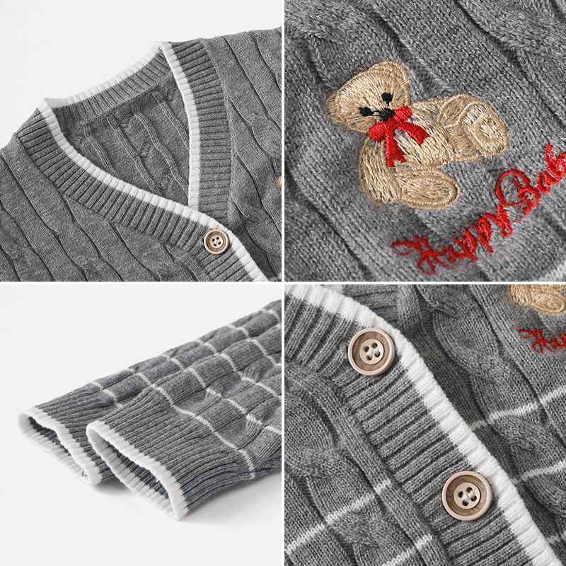 ニット 子供服 男の子 Vネック カーディガン 春秋 ベビー服 ストライプ柄 刺繍 クマ コットン 幼児 長袖 トップス 普段使い