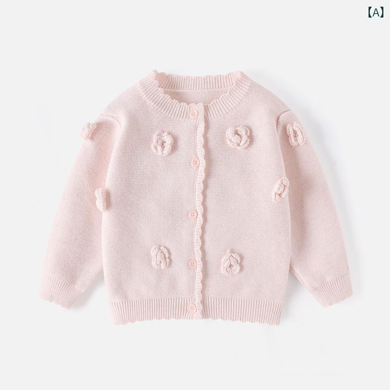 子供服 カーディガン ニット 春秋 女の子 ニットカーディガン 手編み 花柄 トップス 長袖 丸首 無地 アウター かわいい おしゃれ 女児 ニットウェア 綿100% 80 90 100 110 120cm