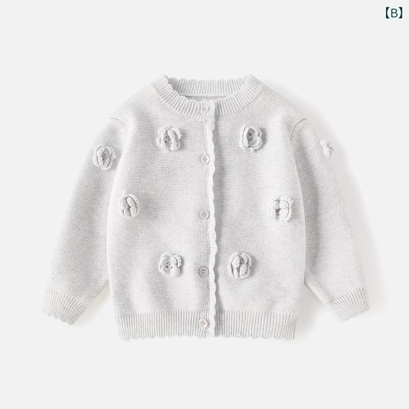 子供服 カーディガン ニット 春秋 女の子 ニットカーディガン 手編み 花柄 トップス 長袖 丸首 無地 アウター かわいい おしゃれ 女児 ニットウェア 綿100% 80 90 100 110 120cm