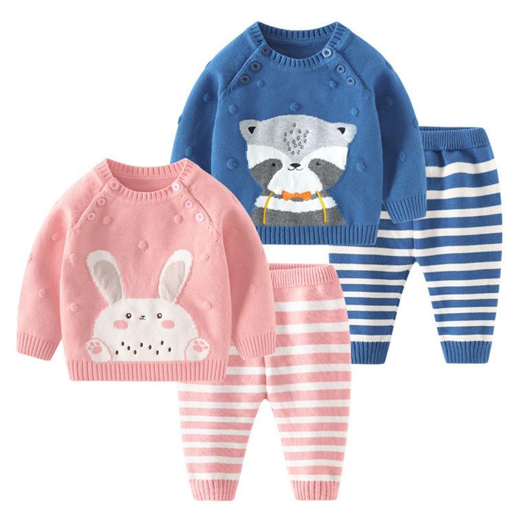 ベビー服 セーター 上下セット ニット カーディガン 春秋 冬 赤ちゃん 乳幼児 長袖 コットン トップス ボトムス 肩ボタン 73CM 80cm 90cm 100cm 110cm かわいい ブルー ピンク 小狐狸 兎
