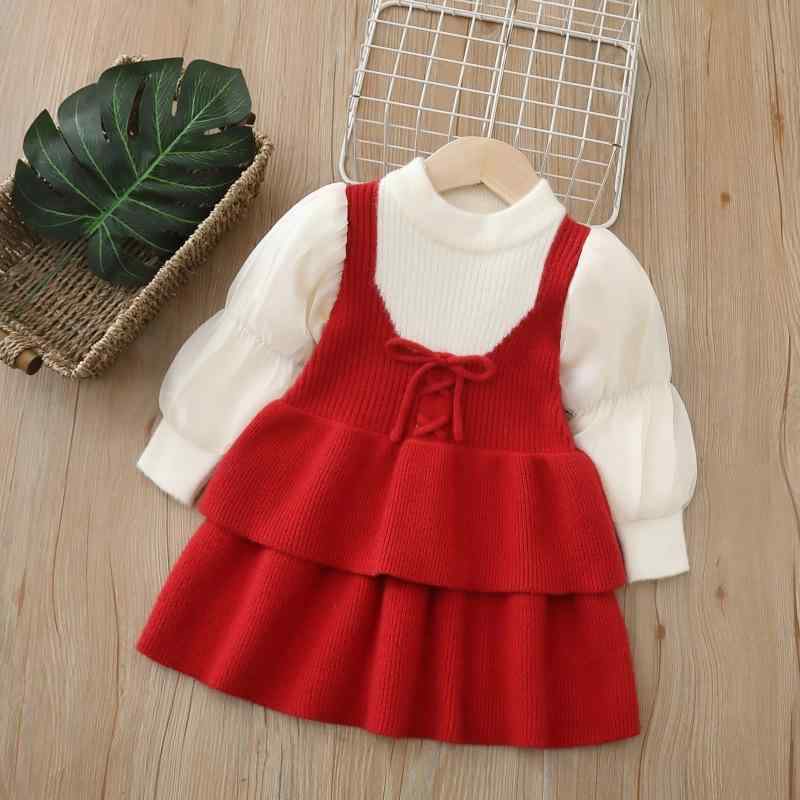Rakuten - ニットワンピース 子供服 女の子 小香風 パフスリーブ 長袖 秋冬 ニット チュニック 膝丈ワンピース Aライン かわいい リボン 発表会 普段着 ピンク系