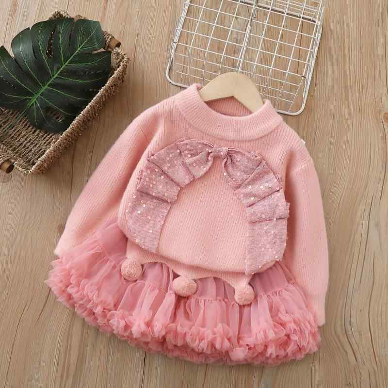ニット 女の子 セーター チュールスカート セットアップ 子供服 配色 かわいい 公主 秋冬 学院風 長袖 90 100 110 120 130